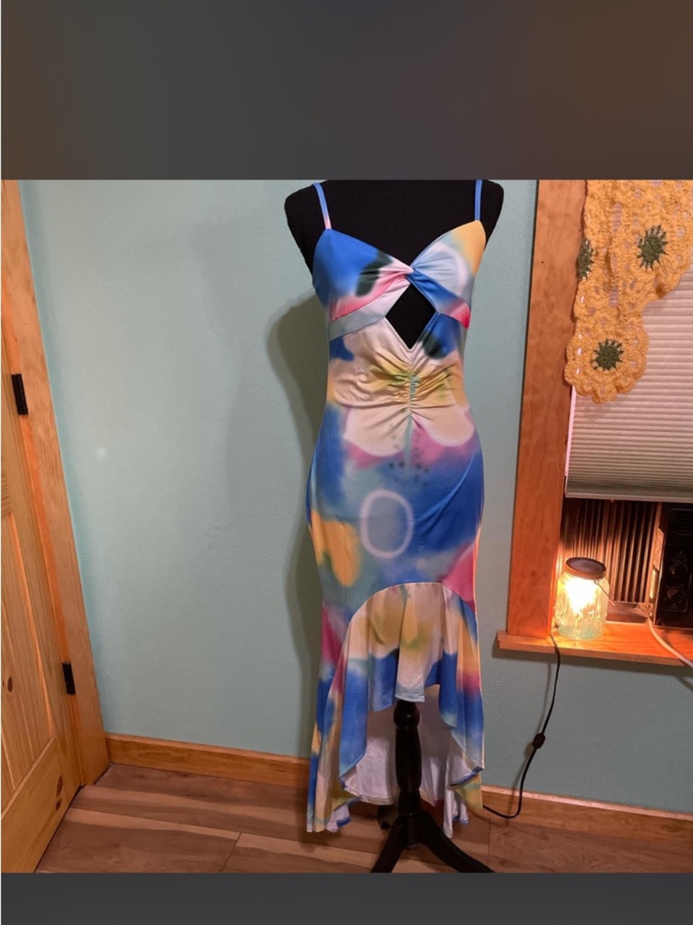 Colorful Tie-Dye Cutout Maxi Dress with Spaghetti Straps